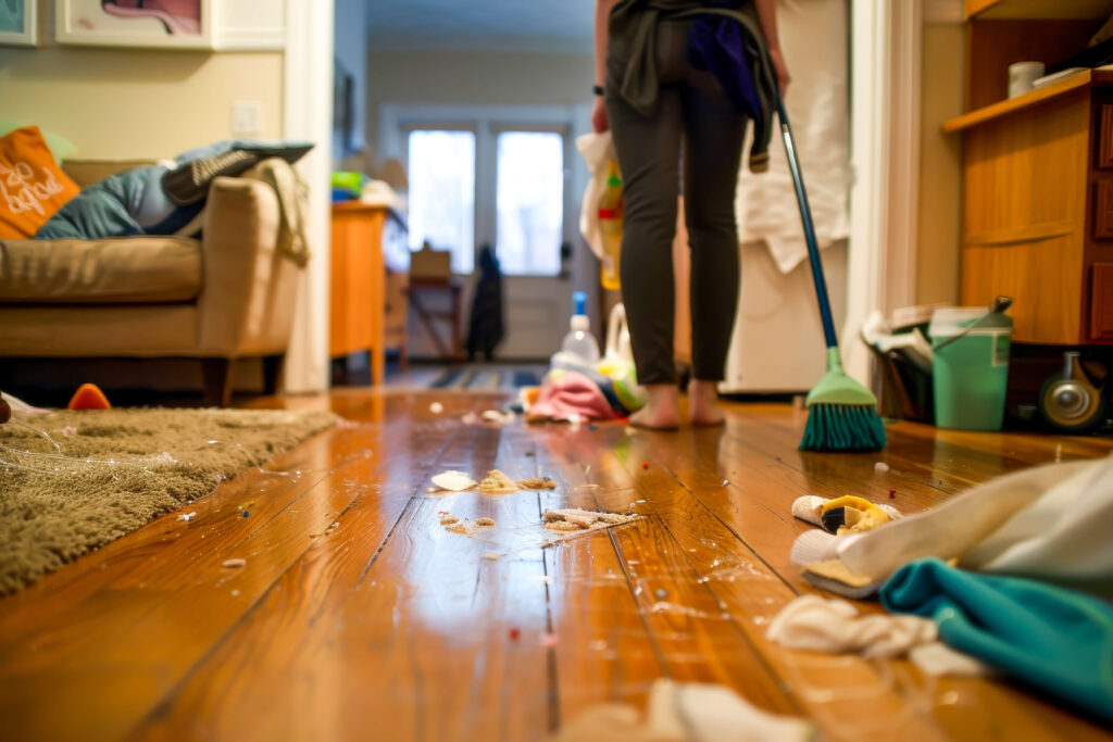 Women overwhelmed with messy home