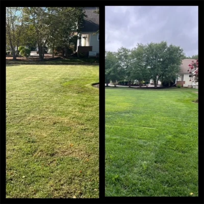 Pic on left taken 10/19/23, pic on right taken 8/8/23 after core aeration, overseeding and just 2 of 5 steps of our Lawn Care plan!